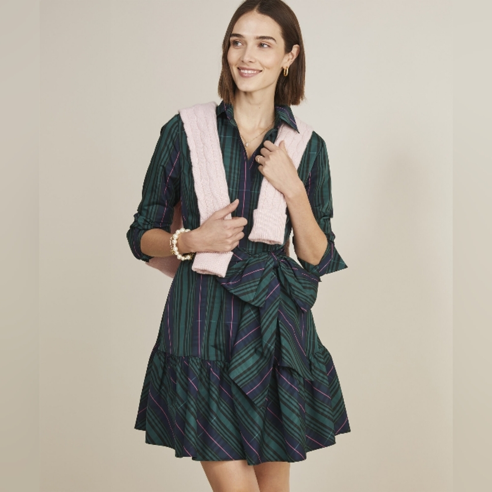Vineyard Vines Taffeta Tie-Waist Blackwatch Plaid Shirtdress